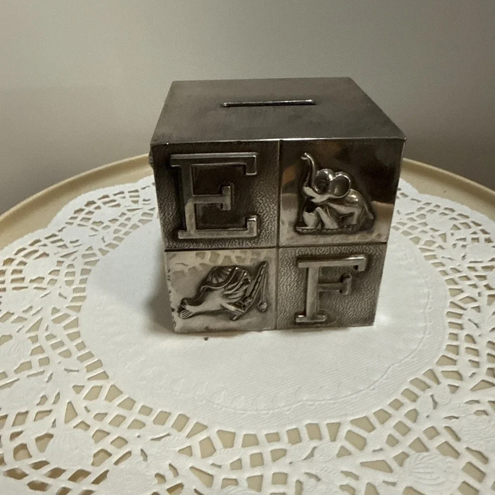 Godinger Silver ABC Block Piggy Bank Cube Nursery Baby Keepsake Metal‎